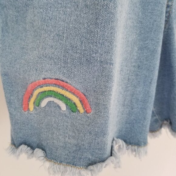 Women's Pride Rainbow Queen Shortall Bib Overalls Denim Light Wash Blue Sz M - Picture 8 of 14
